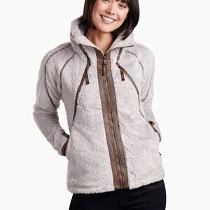Kuhl Women’s Tan Soft Sherpa Stowaway Hood Suede Trim Flight Jacket Monogram P